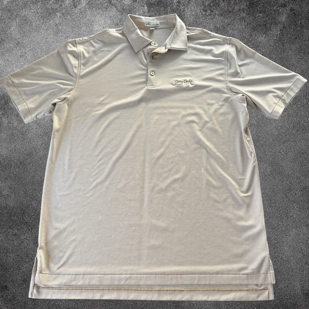 Peter Millar Polo Shirt Men Large Beige Striped Perf Golf Stretch Short Sleeve L